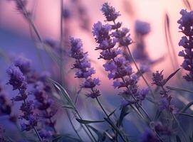 Close-up of lavender flowers, Soft focus on black background. Created with Generative AI technology. photo