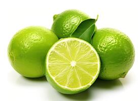 Natural fresh lime with water drops and sliced, green leaf isolated on white background. Created with Generative AI technology. photo