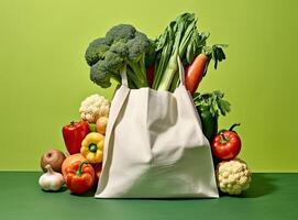 Eco bag with products on color background. Created with Generative AI technology. photo