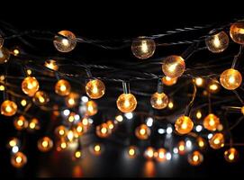 Light bulb decor on a dark background, at night. Created with Generative AI technology. photo