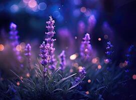 Close-up of lavender flowers, Soft focus on black background. Created with Generative AI technology. photo
