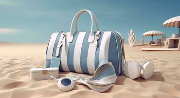 Stylish beach bag with accessories and tropical beach in the background, summer vacations concept. Created with Generative AI technology. photo