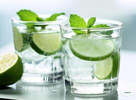 Organic cold refreshing lemonade drink or cocktail made of sparkling water, lime slices and fresh green mint leaves served in tall drinking glass Created with Generative AI technology. photo
