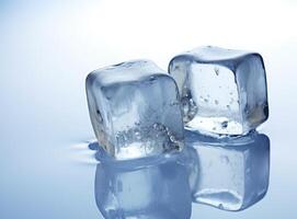 Three melting ice cubes on glass table. On white background. Created with Generative AI technology. photo