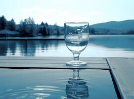 Pouring water into a glass against the nature background. Created with Generative AI technology. photo