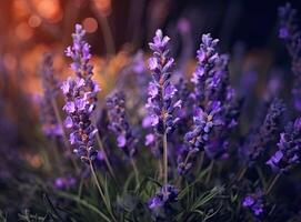 Close-up of lavender flowers, Soft focus on black background. Created with Generative AI technology. photo