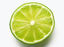 Natural fresh lime with water drops and sliced, green leaf isolated on white background. Created with Generative AI technology. photo