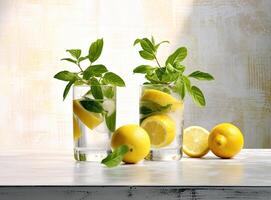 Organic cold refreshing lemonade drink or cocktail made of sparkling water, lime slices and fresh green mint leaves served in tall drinking glass Created with Generative AI technology. photo