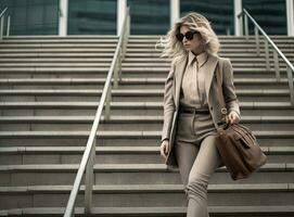 Legs and feet detail of businesswoman climbing stairs outdoors. Created with Generative AI technology. photo