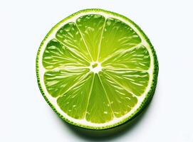 Natural fresh lime with water drops and sliced, green leaf isolated on white background. Created with Generative AI technology. photo