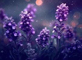 Close-up of lavender flowers, Soft focus on black background. Created with Generative AI technology. photo
