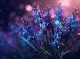 Close-up of lavender flowers, Soft focus on black background. Created with Generative AI technology. photo