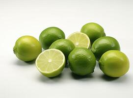 Natural fresh lime with water drops and sliced, green leaf isolated on white background. Created with Generative AI technology. photo