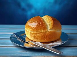 Foil wrapped processed cream cheese, table knife and slice of bread on a cutting board over blue wooden table. Small triangular pieces of soft cheese. Created with Generative AI technology. photo