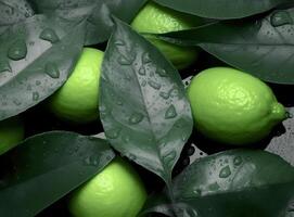 Natural fresh lime with water drops and sliced, green leaf isolated on white background. Created with Generative AI technology. photo