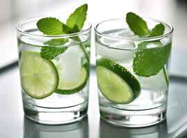 Organic cold refreshing lemonade drink or cocktail made of sparkling water, lime slices and fresh green mint leaves served in tall drinking glass Created with Generative AI technology. photo