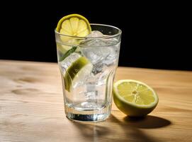 Organic cold refreshing lemonade drink or cocktail made of sparkling water, lime slices and fresh green mint leaves served in tall drinking glass Created with Generative AI technology. photo