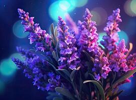 Close-up of lavender flowers, Soft focus on black background. Created with Generative AI technology. photo