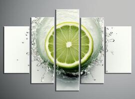 Natural fresh lime with water drops and sliced, green leaf isolated on white background. Created with Generative AI technology. photo