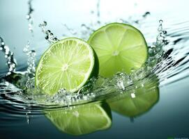 Natural fresh lime with water drops and sliced, green leaf isolated on white background. Created with Generative AI technology. photo