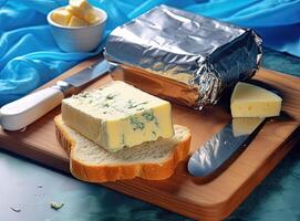 Foil wrapped processed cream cheese, table knife and slice of bread on a cutting board over blue wooden table. Small triangular pieces of soft cheese. Created with Generative AI technology. photo