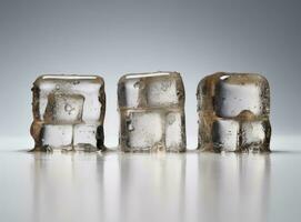 Three melting ice cubes on glass table. On white background. Created with Generative AI technology. photo