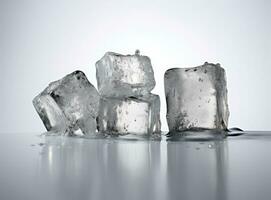 Three melting ice cubes on glass table. On white background. Created with Generative AI technology. photo