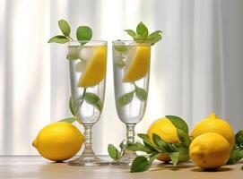 Organic cold refreshing lemonade drink or cocktail made of sparkling water, lime slices and fresh green mint leaves served in tall drinking glass Created with Generative AI technology. photo