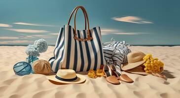 Stylish beach bag with accessories and tropical beach in the background, summer vacations concept. Created with Generative AI technology. photo