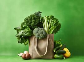 Eco bag with products on color background. Created with Generative AI technology. photo
