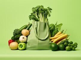 Eco bag with products on color background. Created with Generative AI technology. photo