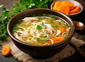 Homemade chicken soup with noodles and vegetables in a white bowl, white background. Healthy warm comfortable food. Created with Generative AI technology. photo