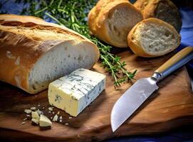 Foil wrapped processed cream cheese, table knife and slice of bread on a cutting board over blue wooden table. Small triangular pieces of soft cheese. Created with Generative AI technology. photo