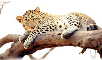 Sri Lankan leopard, Panthera pardus kotiya, laying on a tree, surrounded by dense vegetation. Created with Generative AI technology. photo