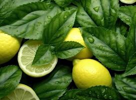 Natural fresh lime with water drops and sliced, green leaf isolated on white background. Created with Generative AI technology. photo
