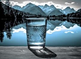 Pouring water into a glass against the nature background. Created with Generative AI technology. photo
