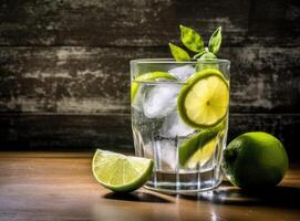 Organic cold refreshing lemonade drink or cocktail made of sparkling water, lime slices and fresh green mint leaves served in tall drinking glass Created with Generative AI technology. photo