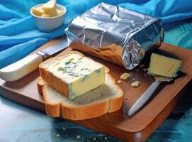 Foil wrapped processed cream cheese, table knife and slice of bread on a cutting board over blue wooden table. Small triangular pieces of soft cheese. Created with Generative AI technology. photo