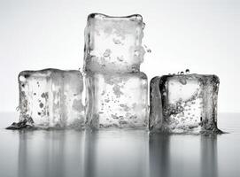 Three melting ice cubes on glass table. On white background. Created with Generative AI technology. photo