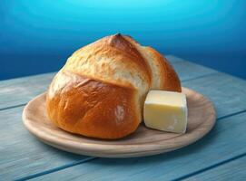 Foil wrapped processed cream cheese, table knife and slice of bread on a cutting board over blue wooden table. Small triangular pieces of soft cheese. Created with Generative AI technology. photo