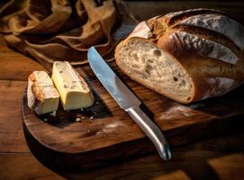 Foil wrapped processed cream cheese, table knife and slice of bread on a cutting board over blue wooden table. Small triangular pieces of soft cheese. Created with Generative AI technology. photo