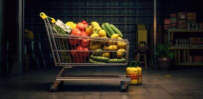 Shopping cart filled with food and drinks and supermarket shelves in the background, grocery shopping concept. Created with Generative AI technology. photo