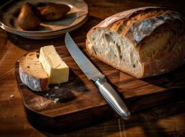Foil wrapped processed cream cheese, table knife and slice of bread on a cutting board over blue wooden table. Small triangular pieces of soft cheese. Created with Generative AI technology. photo