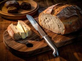 Foil wrapped processed cream cheese, table knife and slice of bread on a cutting board over blue wooden table. Small triangular pieces of soft cheese. Created with Generative AI technology. photo