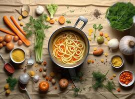 Fresh fish soup in bowl on black background, top view. Created with Generative AI technology. photo