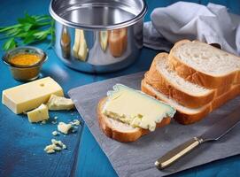 Foil wrapped processed cream cheese, table knife and slice of bread on a cutting board over blue wooden table. Small triangular pieces of soft cheese. Created with Generative AI technology. photo