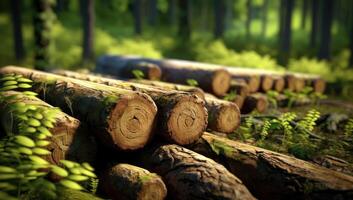 Forest pine and spruce trees. Log trunks pile, the logging timber wood industry. Wide banner or panorama wooden trunks. Created with Generative AI technology. photo