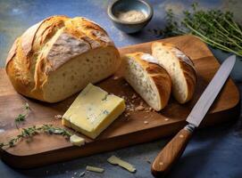 Foil wrapped processed cream cheese, table knife and slice of bread on a cutting board over blue wooden table. Small triangular pieces of soft cheese. Created with Generative AI technology. photo
