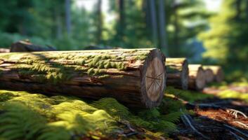 Forest pine and spruce trees. Log trunks pile, the logging timber wood industry. Wide banner or panorama wooden trunks. Created with Generative AI technology. photo