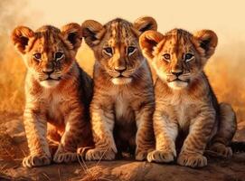 This proud male aftican lion is cuddled by his cub during an affectionate moment. Created with Generative AI technology. photo